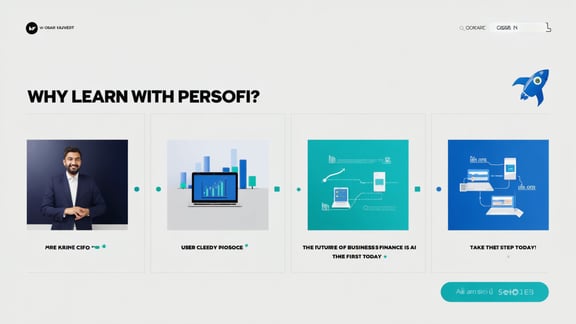 A clean, professional marketing image with Why Learn with PersoFi_ as a bold, clear headline. The layout features four distinct benefit sections, each with a prominent green checkmark_ Taught by a CFO (showing