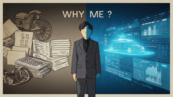 A compelling illustrative image with the headline Why me_ showing the evolution of accounting_ from outdated manual processes (left side) to modern AI-powered solutions (right side). On the left, show traditiona
