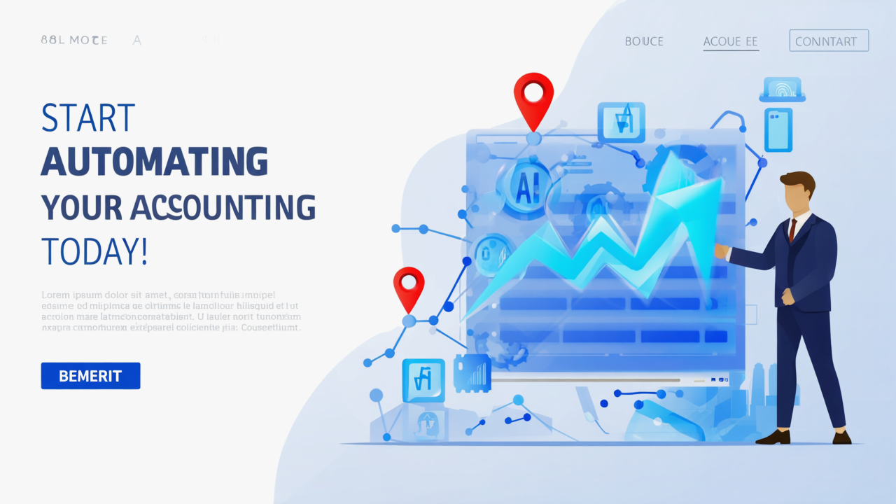 A modern illustrative image with the headline Start Automating Your Accounting Today! prominently displayed. Below, two key benefits with red pin emoji markers_ Boost efficiency, reduce costs, and improve cash 