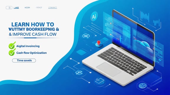 A professional illustrative image for a Substack newsletter about AI financial automation. The image shows Learn How to Automate Your Bookkeeping & Improve Cash Flow as a headline. Below, include visual elements