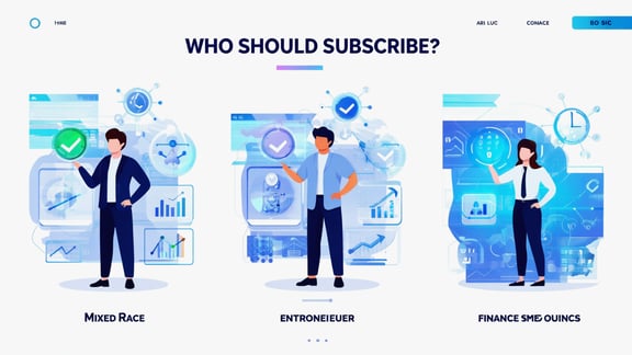 A professional illustrative image with the headline Who Should Subscribe_ prominently displayed. The image shows three distinct professional figures representing the target audiences_ an SME owner with business 