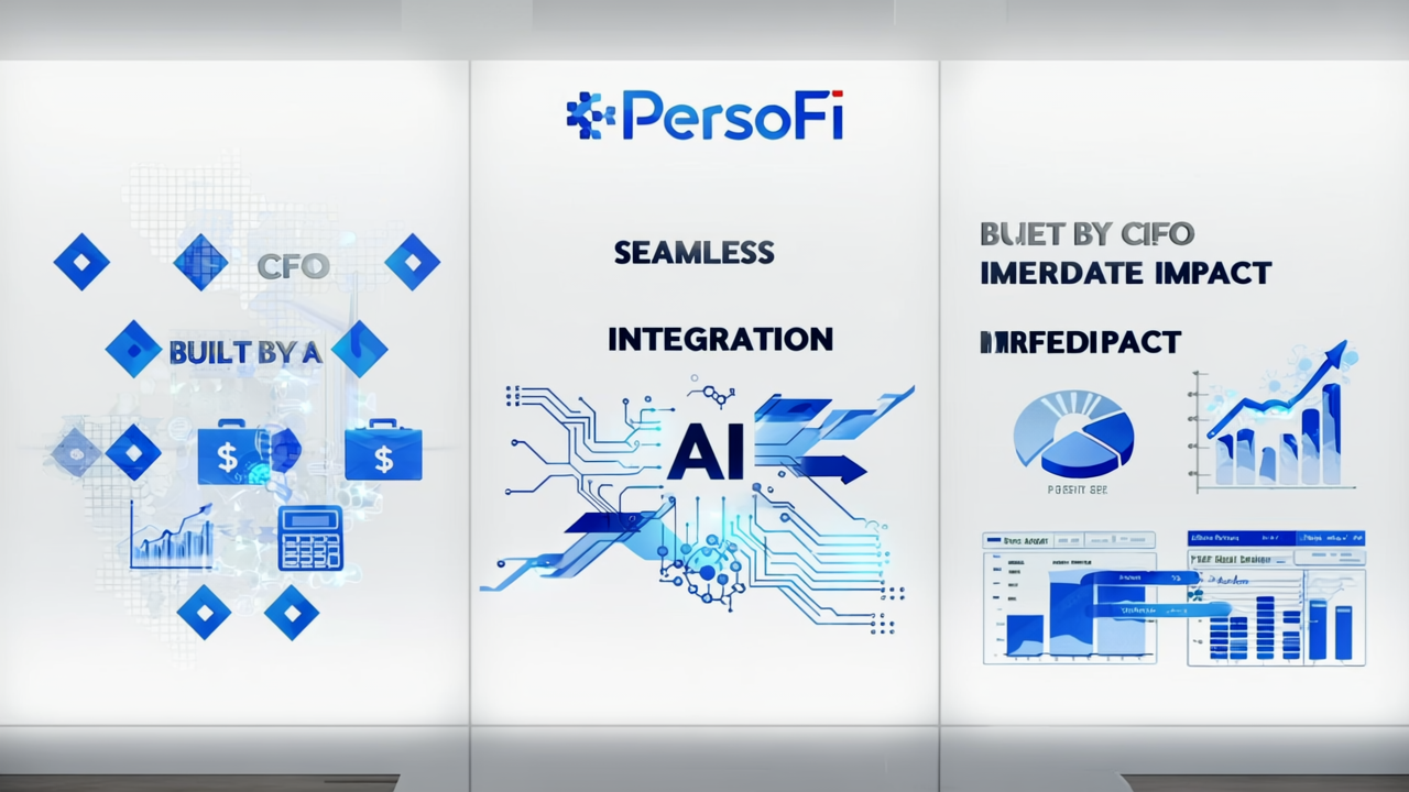 Create an illustrative, modern digital artwork for PersoFi with three key benefits_ Built by a CFO, Seamless AI Integration, and Immediate Impact. Include blue diamond bullet points, financial technology sym
